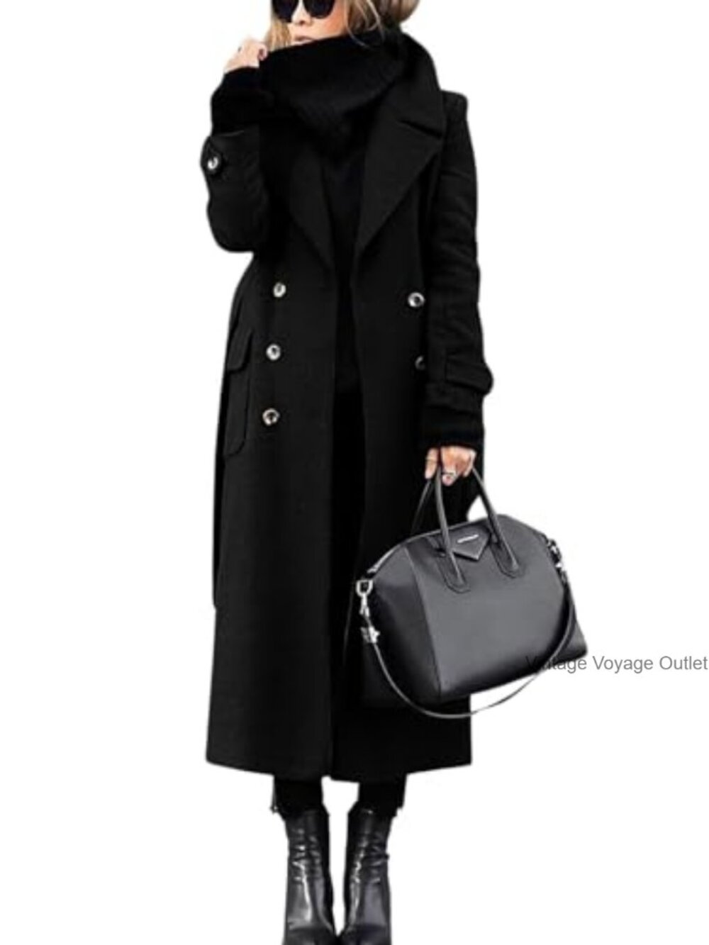 Womens Double Breasted Wool Coat Business Casual Long Pea Coat with Belt